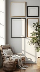 The interior of the modern living room has white walls, a wooden floor, a white sofa, and two vertical mock-up posters. 3d rendering. generated by AI