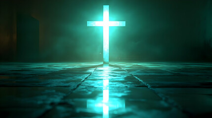 Naklejka premium Glowing Cross Reflects on Dark Floor, Mystical Night Scene