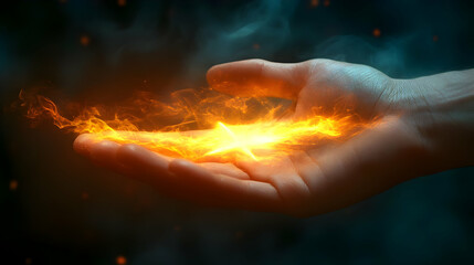 Hand Holds Fiery Star, Magic Energy, Mystical Power, Intense Glow, Burning Brightly,  Fantastic Visuals, Surreal Scene