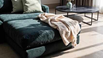 Obraz premium Generative AI, Modern close-up of a velvet sofa with minimalist decor