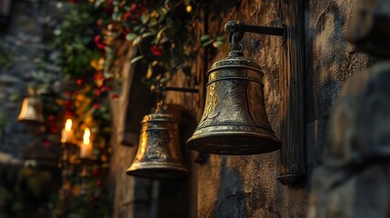 Obraz premium Ancient Bells on a Stone Wall: A Gothic Architectural Detail