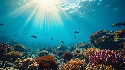Obraz premium Underwater view of the coral reef with fishes and rays of sunlight. generated by AI