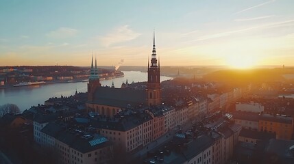 Fototapeta premium Golden Hour over Stockholm: A Panoramic View of Riddarholmen Church and the Cityscape at Sunset