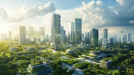Obraz premium Urban Landscape with Modern Skyscrapers and Lush Green Spaces