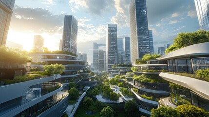 Fototapeta premium Futuristic Urban Landscape with Green Spaces and Modern Architecture