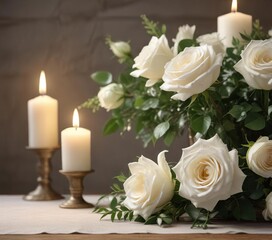 Obraz premium Romantic floral arrangement with white rose and candle, celebration, passion, tranquility, atmosphere