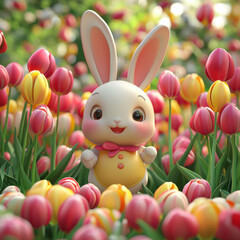 Obraz premium cute bunny surrounded by colorful tulips in serene atmosphere