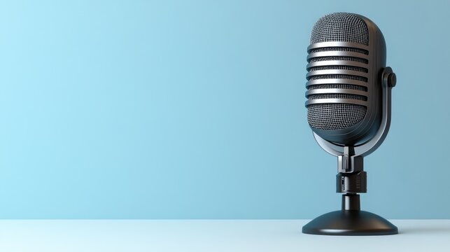 Vintage microphone on light blue background.