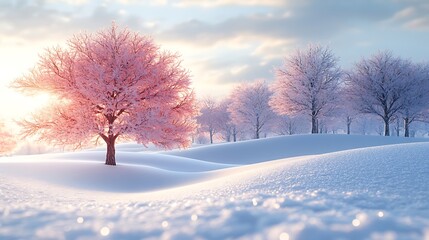 Obraz premium Pink Winter Tree in Snowy Landscape at Sunrise