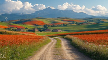 Scenic countryside with vibrant flower fields and mountains in the background.