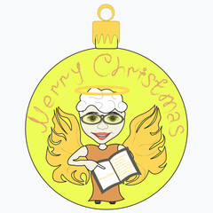 Merry Christmas. New Year's toy with an angel and snowflakes. Bible in the hands of an angel.