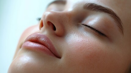 Fototapeta premium Close-up of a serene face with eyes closed, showcasing smooth skin and relaxed expression.
