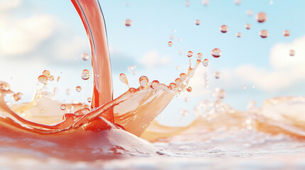 dynamic close up of red liquid being poured, creating splashes and droplets, evokes sense of freshness and excitement
