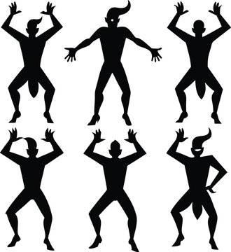Silhouette Illustration of Dancing Duendes: Mythical Creatures, Folklore Art, Vector Graphic, Fantasy Icon, Black and White Design