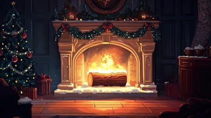 Cozy Christmas Fireplace with Decorated Tree and Winter Decorations