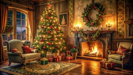 Cozy vintage Christmas fireplace, festive tree, and holiday decor warm your winter home.