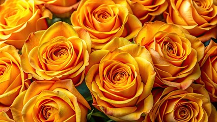 Candid macro view of a sunlit bouquet;  close-up, rich orange and yellow roses.