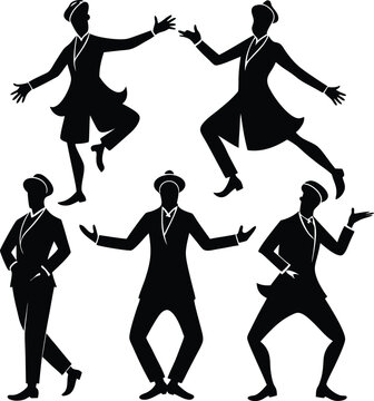 Silhouette Vector Art of Men in Zoot Suits Dancing: Vintage Fashion Illustration, Retro Style, Jazz Era, Black and White Graphics
