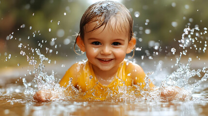 Fototapeta premium Toddler Joyfully Splashes in Water, Summer Fun