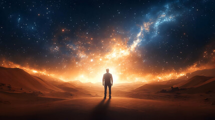 Desert Wanderer Contemplates Cosmic Nebula, Starry Night