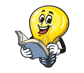 Light Bulb with book,  Cartoon Character Mascot Illustration Vector Clip-art Hand-drawn Logo Design 