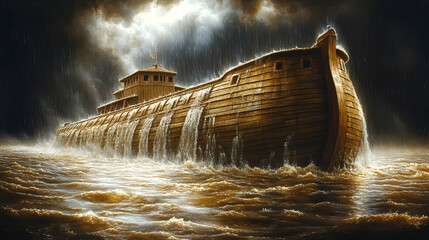 Ancient Vessel Sails Through Deluge, Stormy Waters Rage, Biblical Flood Narrative