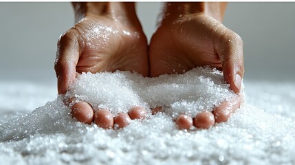 Fototapeta premium Hands holding white crystals over a surface of similar crystals, suggesting sensory experience.