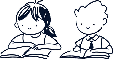 Kids Studying Elementary School Study Cute Hand-Drawn Doodle Vector Set Illustration Education Concept