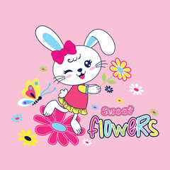 Adorable bunny rabbit vector illustration surrounded by bright and vibrant flowers in a whimsical nature scene
