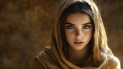 Mysterious Woman, Brown Eyes, Gaze, Veiled, Intriguing Portrait,  Elegant, Serene, Golden Shawl, Captivating,  Stunning,  Ancient