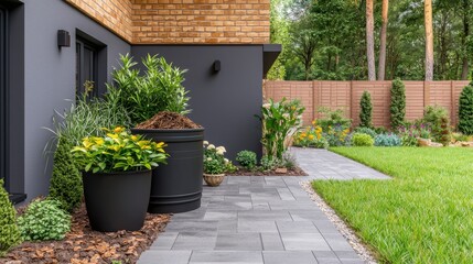 Fototapeta premium Sustainability thrives through recycle and renewal. Contemporary garden pathway with planters and greenery.