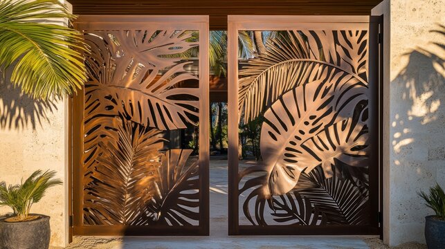 Ornate tropical leaf design metal gate.