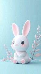 Fototapeta premium Cute and Playful Bunny Character with Pink Accents Surrounded by Soft Green Foliage on a Light Blue Background for Sweet Illustrations and Design Projects