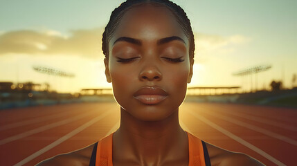 Athlete Finds Inner Peace: Meditation, Track, Sunset
