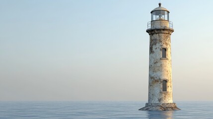 Weathered lighthouse stands in calm sea at dawn.