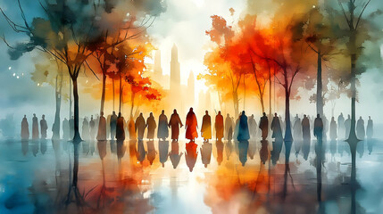 Obraz premium Figures Walk Autumn Trees Towards Distant City Spiritual Journey