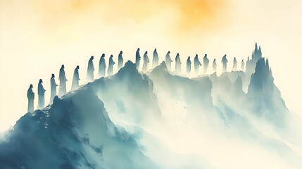 Fototapeta premium Figures Ascend Mountain Path Towards Heavenly City, Spiritual Journey, Faith