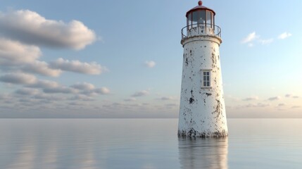 Weathered lighthouse standing in calm sea at sunset.