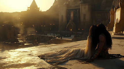 Sunset Lovers Embrace Ancient City Walls, Golden Hour Romance, Desert Kingdom