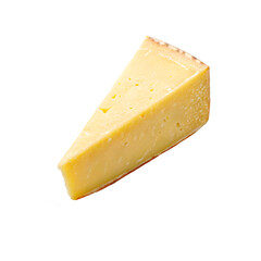 A triangular slice of hard yellow cheese with a rind, displayed on a transparent background,...