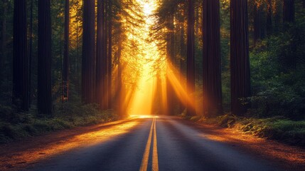 Obraz premium Golden Hour in Redwood Forest: A Sunlit Path Through Majestic Trees