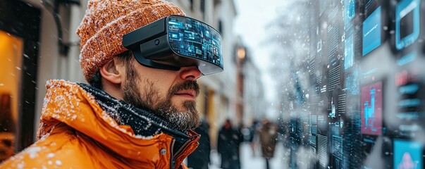 A tech-savvy individual wearing augmented reality glasses overlaying real-time data on a city street