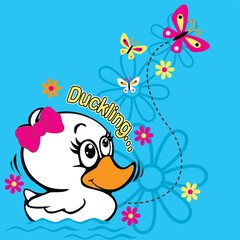 Adorable duck vector illustration surrounded by vibrant flowers and a cheerful butterfly in a whimsical nature scene
