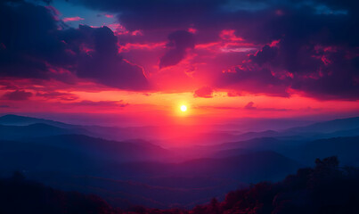 Fototapeta premium A stunning sunset over a mountainous landscape, showcasing vibrant colors and serene beauty.