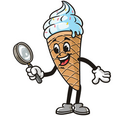 Ice Cream with magnifying glass,  Cartoon Character Mascot Illustration Vector Clip-art Hand-drawn Logo Design