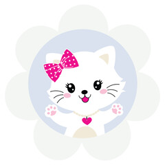 Cute cat with vibrant floral decoration on its head. Colorful and charming vector illustration.
