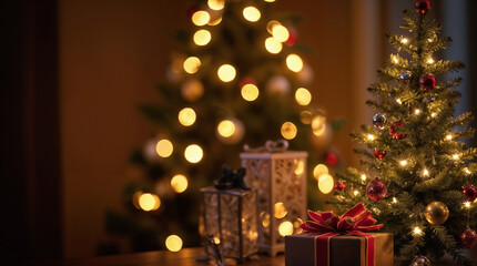 Festive Christmas Tree Display with Wrapped Presents on Wooden Table Holiday Illustration Background