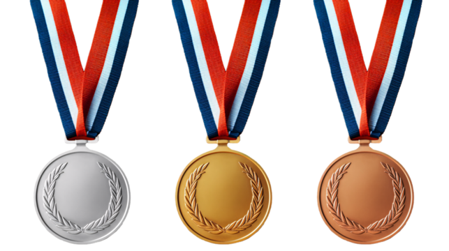 金銀銅メダルのセット、切り抜き写真素材