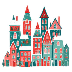 Naklejka premium Whimsical Christmas Village in Snow. Christmas Winter landscape wiith a charming Christmas houses in naive cartoon style. 