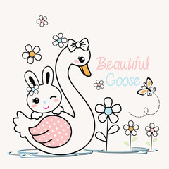 Adorable bunny rabbit vector illustration surrounded by bright and vibrant flowers in a whimsical nature scene
